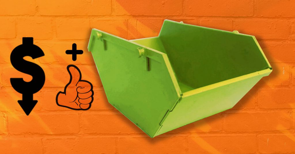 Green skip on an orange background. Thumbs up symbol and dollar symbol.