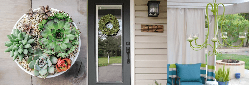 Montage of succulents and small white pot, wreath on house door and green chandelier.