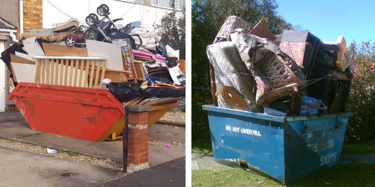 Two overloaded skip bins full of household rubbish.